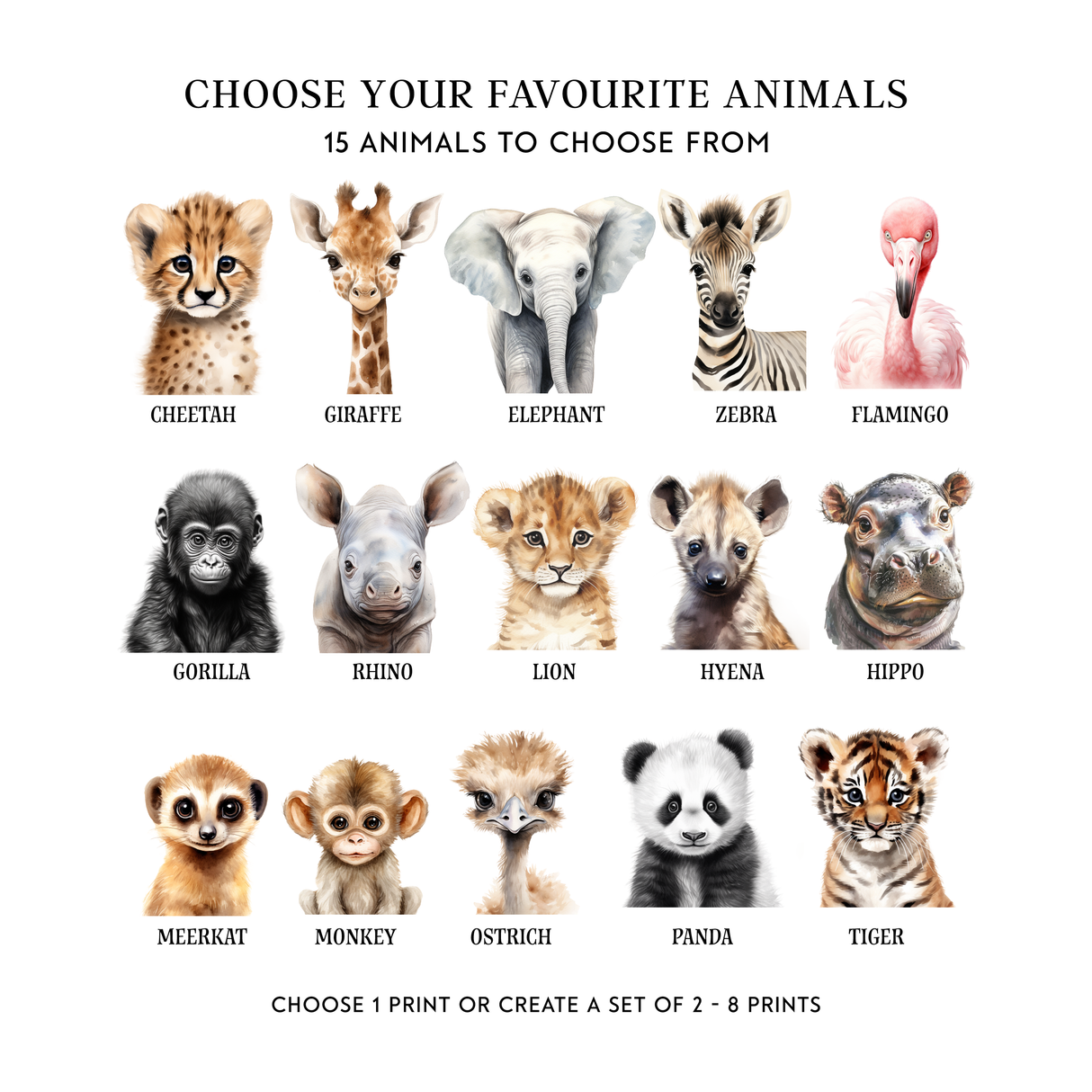 Selection of safari animal nursery prints including lion giraffe elephant zebra tiger panda and flamingo
