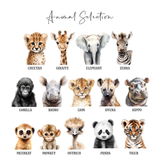 Selection chart showing 14 baby animal portraits, including elephant, giraffe, lion, zebra, panda and tiger.