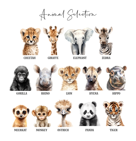 Selection chart showing 14 baby animal portraits, including elephant, giraffe, lion, zebra, panda and tiger.