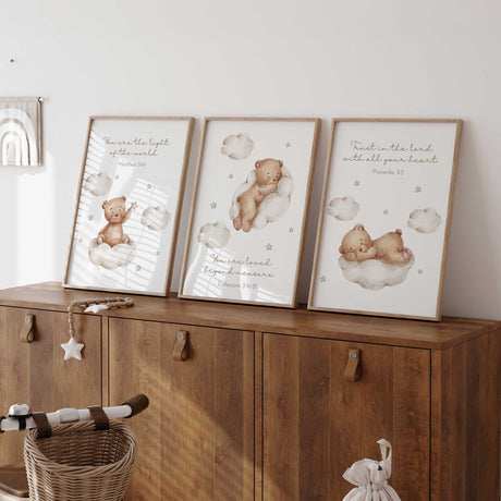 Christian children’s bedroom print set featuring gentle teddy bear illustrations and meaningful faith-based wording