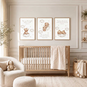 Set of three Christian nursery prints with watercolour teddy bears on clouds and comforting Bible verse messages