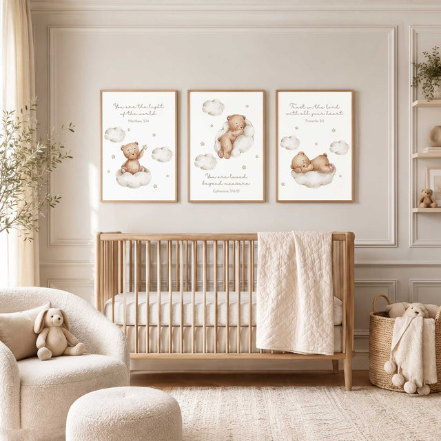 Set of three Christian nursery prints with watercolour teddy bears on clouds and comforting Bible verse messages