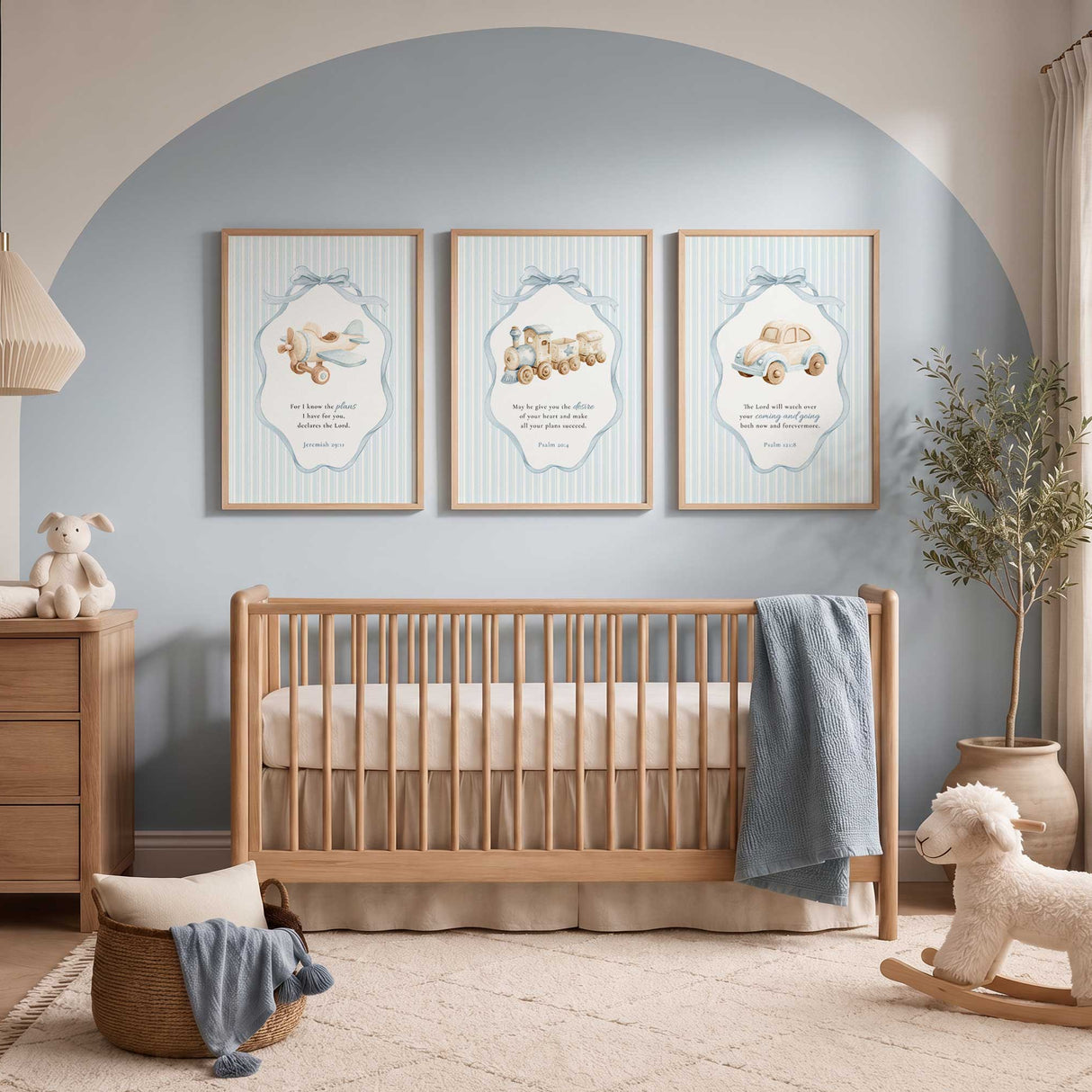 Three blue Christian nursery prints with a vintage car animal train and aeroplane 