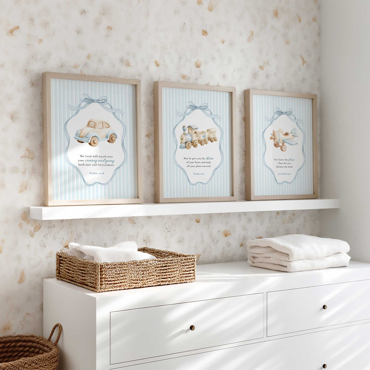 Christian nursery prints set of three featuring plane train and car illustrations with Bible verses in soft blue nursery decor