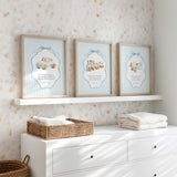 Christian nursery prints set of three featuring plane train and car illustrations with Bible verses in soft blue nursery decor