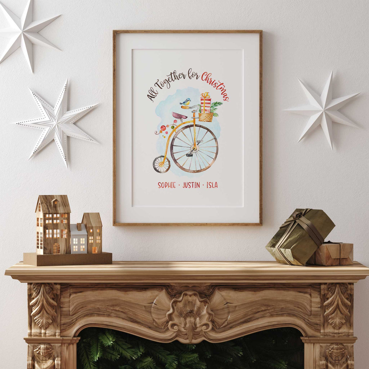 Watercolour Christmas bicycle carrying wrapped gifts, with All Together for Christmas above and personalised family names below