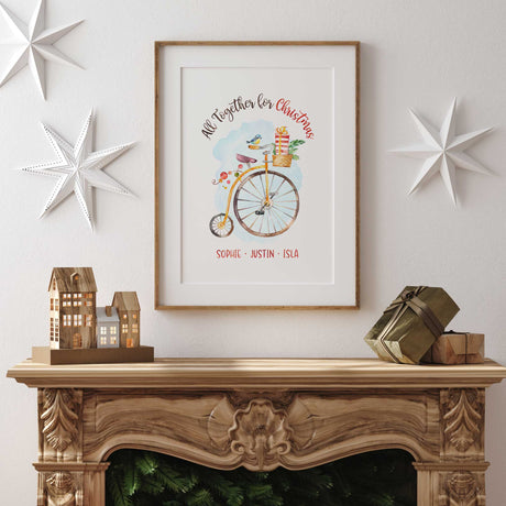 Watercolour Christmas bicycle carrying wrapped gifts, with All Together for Christmas above and personalised family names below