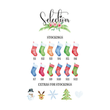 Selection chart showing 12 numbered Christmas stocking designs and extras including a snowman, reindeer, snowflake, tree and heart.