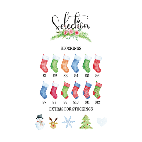 Selection chart showing 12 numbered Christmas stocking designs and extras including a snowman, reindeer, snowflake, tree and heart.
