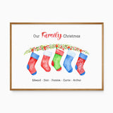 Christmas stocking wall art with five colourful stockings beneath a garland, a custom heading and five family names