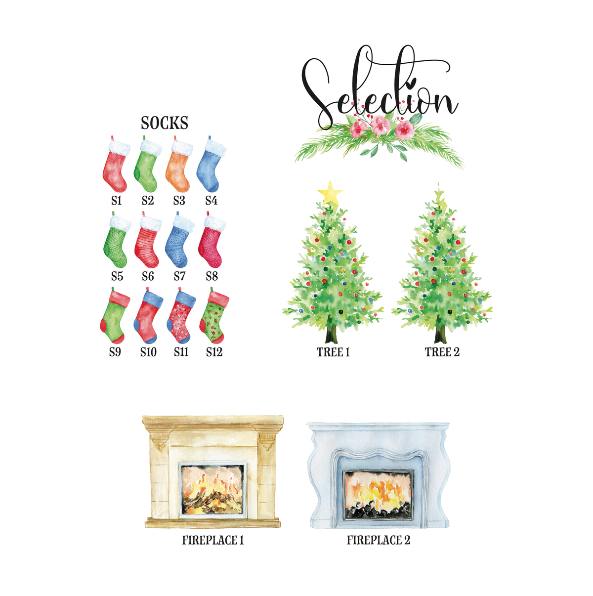 Choice chart showing twelve stocking designs, two Christmas trees and two watercolour fireplaces for a personalised print