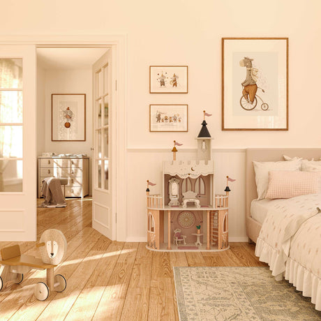 Set of circus animal gallery wall prints featuring juggling mice, giraffe, and elephant in warm neutral tones.