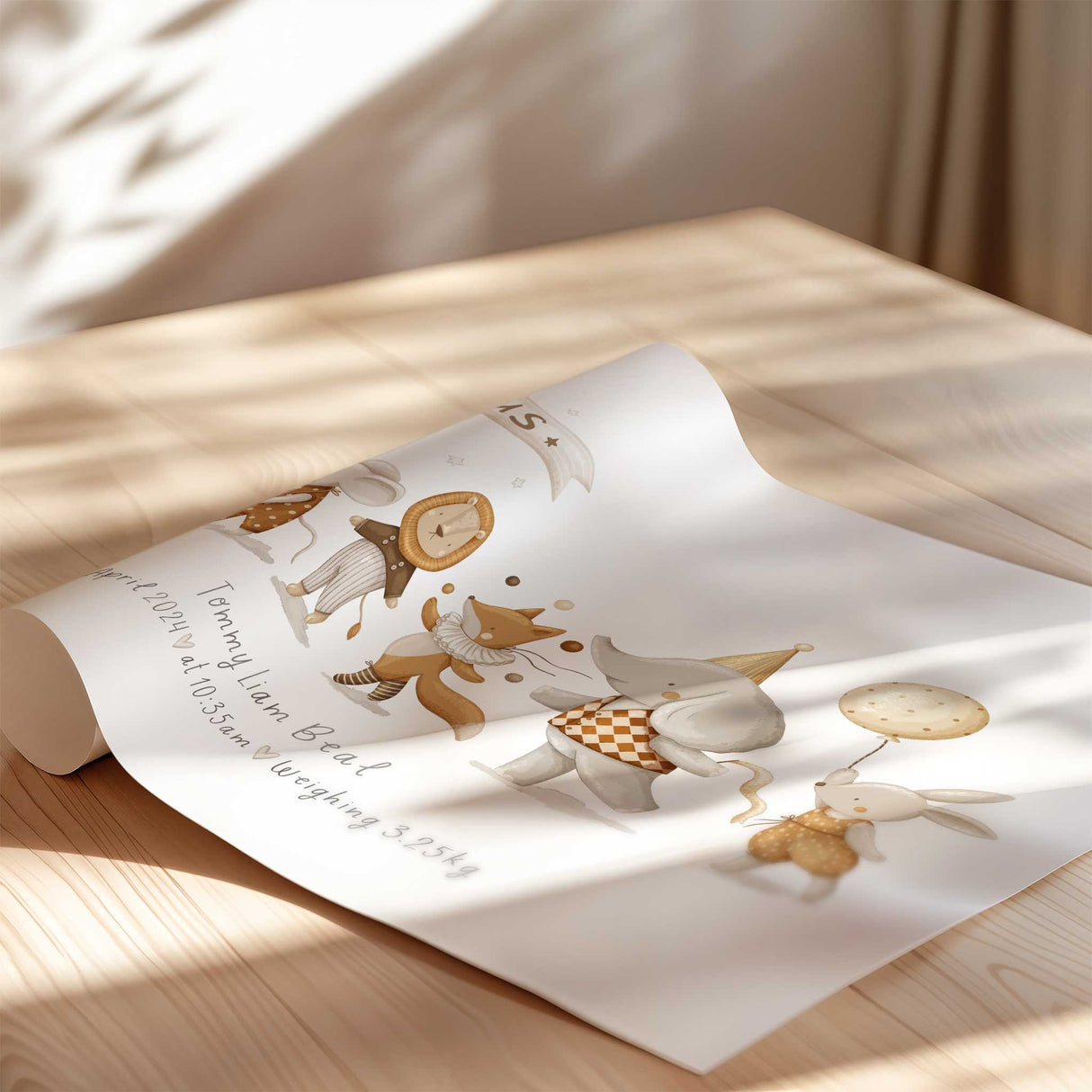 Circus wall art set of four prints including personalised birth announcement and matching animal characters.