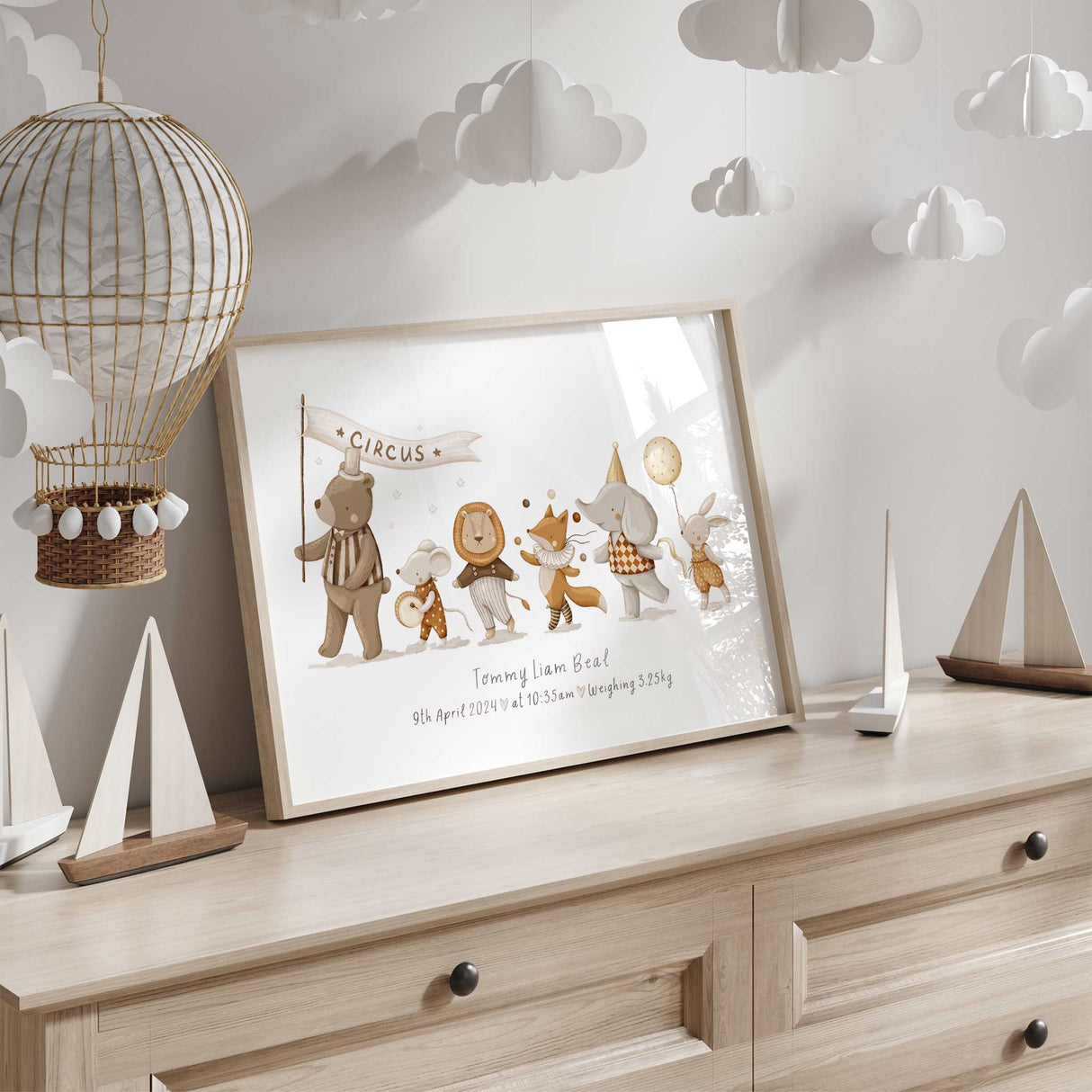 Circus parade baby name print with custom birth details in soft beige and brown tones for nursery decor.