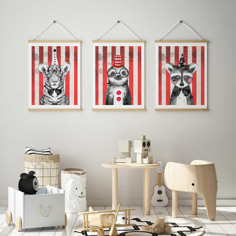 Circus raccoon sloth and tiger wall art for kids rooms