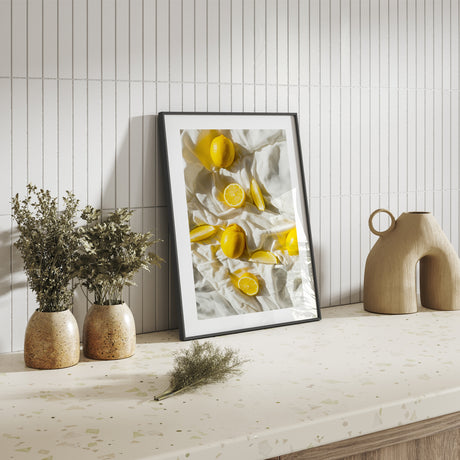 fruit photography art print with lemons on fabric for fresh kitchen decor