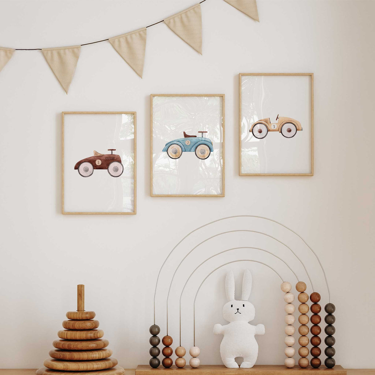 Classic car nursery wall art set in neutral brown and blue tones. Watercolour kids room prints for boys bedroom or playroom décor. Available in multiple standard print sizes to suit both Australian and international frames.