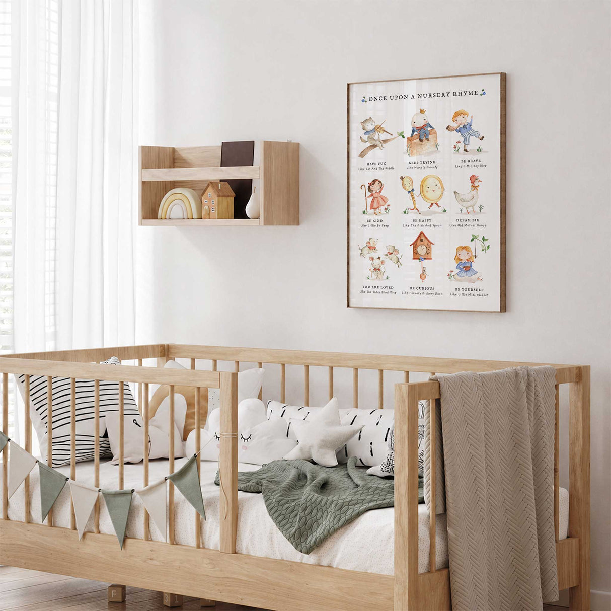 Classic nursery rhyme wall art with Humpty Dumpty, Little Bo Peep and other vintage characters for a nursery or kids room.