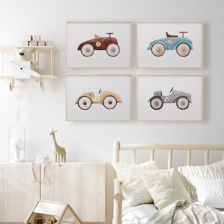Race car artwork with numbers in vintage style for boys room or baby nursery