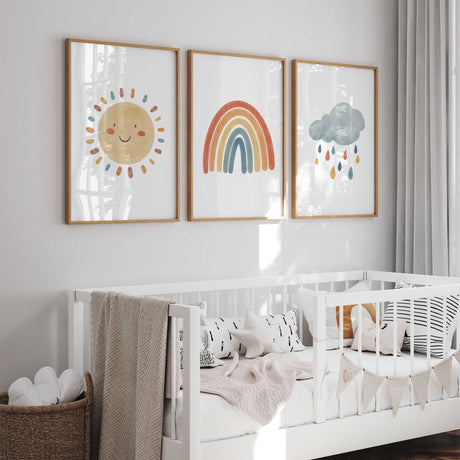 Cloud nursery print with colourful raindrops for modern kids decor