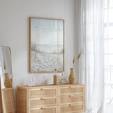 Neutral coastal beach dunes wall art featuring soft sand, calm ocean horizon and flying birds in minimalist seaside photography