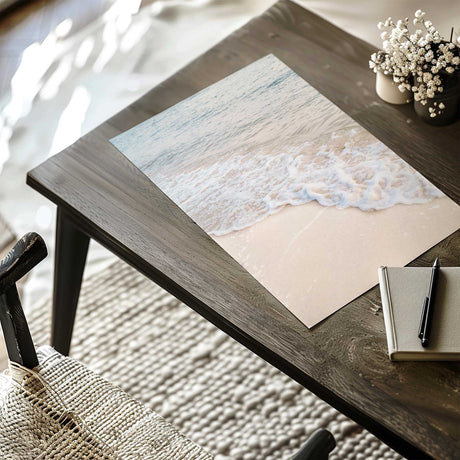 coastal beach photography print with calm ocean water and sandy shoreline