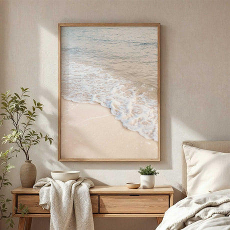 coastal beach wave print with soft sea foam rolling onto sandy shore