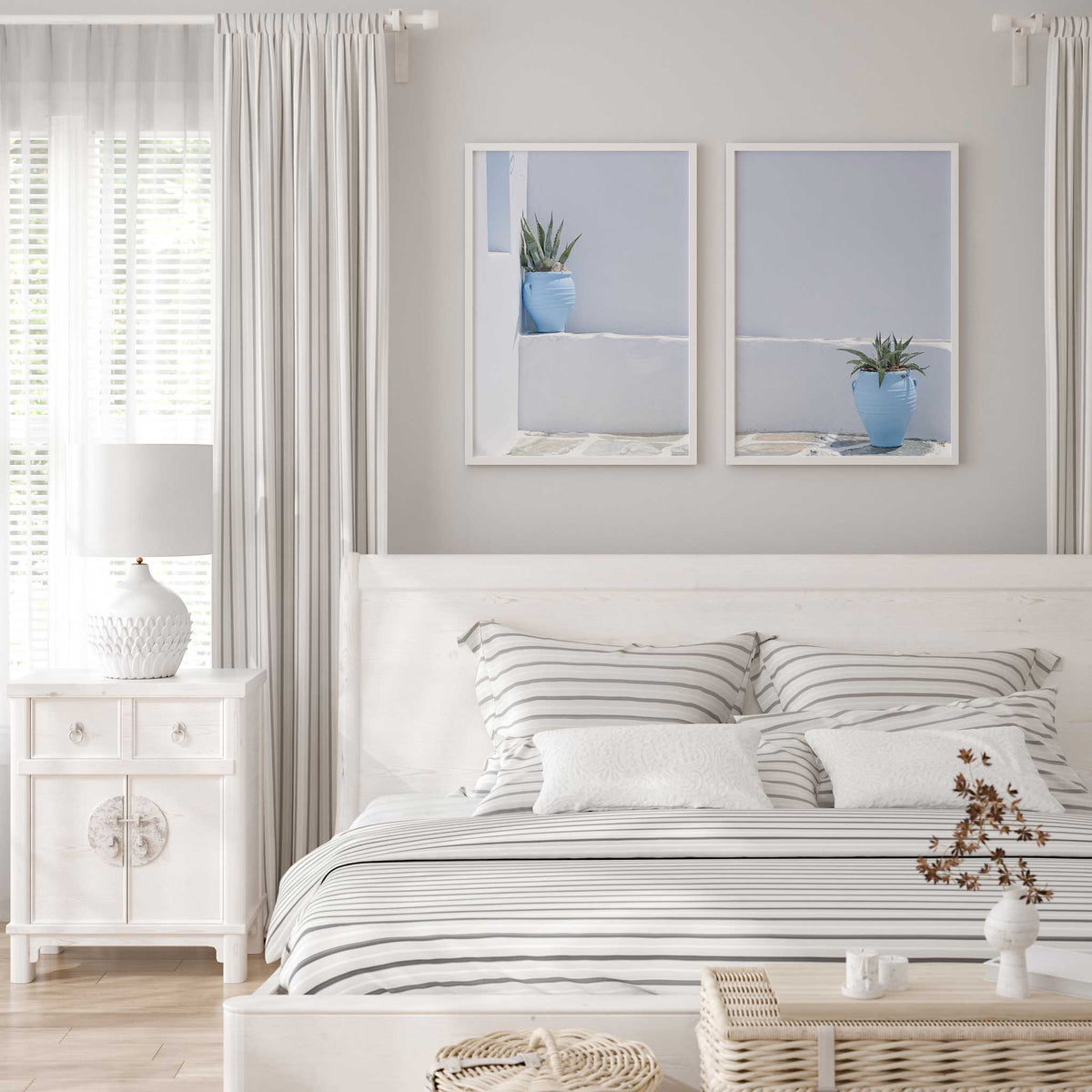 Coastal Mediterranean print set featuring blue plant pots and a calming palette of pale blue, white and grey