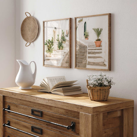 Coastal European alleyway print set showing white stone stairway, cactus plants and soft natural sunlight for relaxed home interiors