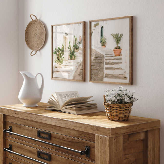 Coastal European alleyway print set showing white stone stairway, cactus plants and soft natural sunlight for relaxed home interiors