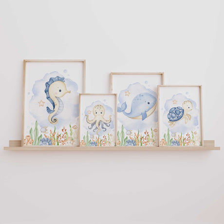 watercolor turtle and seahorse baby wall prints