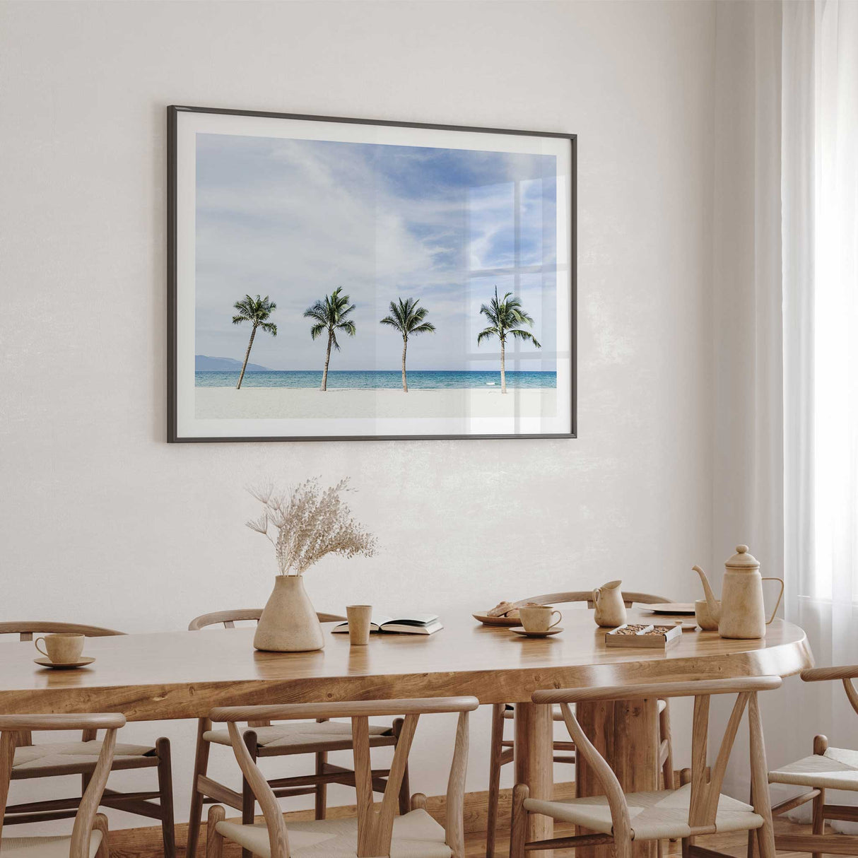 Coastal palm tree wall art with a bright tropical beach scene in soft blue and neutral tones.