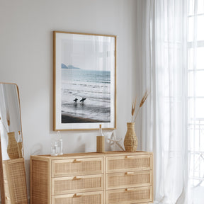 Minimalist beach wall art with ocean waves and surfers