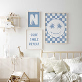 Coastal wall art for boys bedroom with blue surf inspired prints