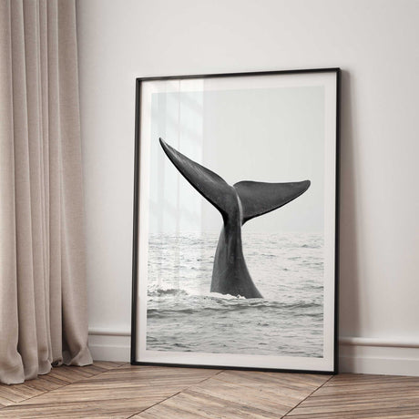 neutral coastal whale wall art print styled for modern home decor