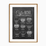 Coffee menu wall art print with chalkboard design showing different coffee types for kitchen and café décor.