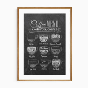 Coffee menu wall art print with chalkboard design showing different coffee types for kitchen and café décor.