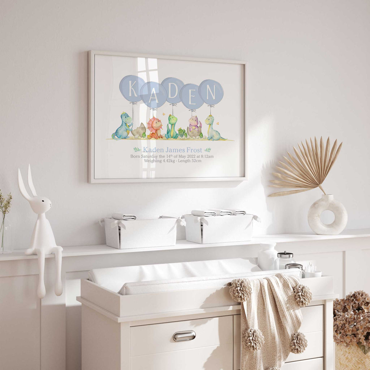 Colourful dinosaur birth details print with blue name balloons and personalised date, time, weight and length