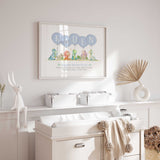 Colourful dinosaur birth details print with blue name balloons and personalised date, time, weight and length