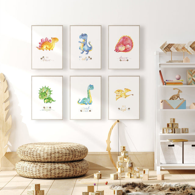 Six colourful dinosaur prints with blue, green, pink and yellow characters, positive phrases and small footprint details.