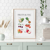 Colourful kitchen print with watercolour artichoke, celery, cherries, tomatoes, blood orange and red apple.