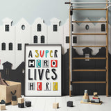 Bright colourful superhero poster suitable for nursery or kids bedroom
