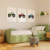 Kids tractor wall art set featuring colourful farm vehicle prints for nursery, bedroom or playroom decor