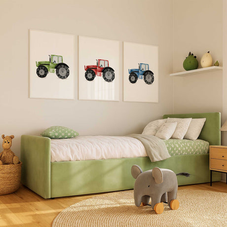 Kids tractor wall art set featuring colourful farm vehicle prints for nursery, bedroom or playroom decor