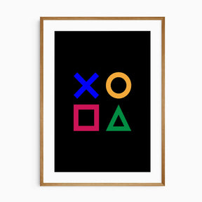 poster with colourful game controller symbols on a black background