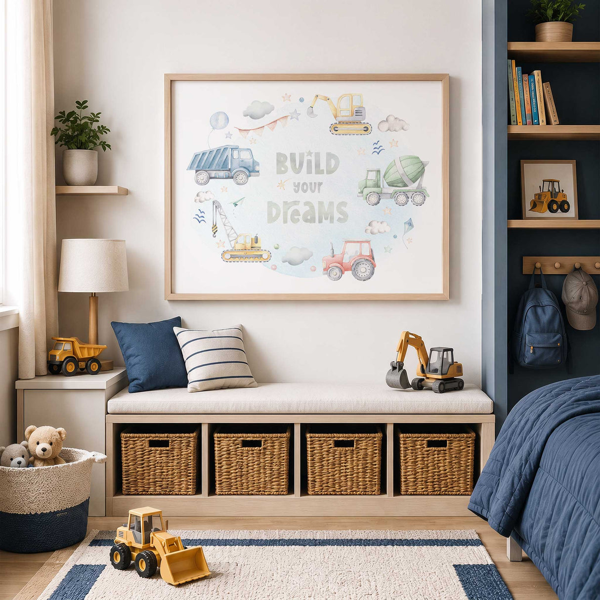 Construction bedroom wall art with watercolour digger, dump truck, cement mixer, crane and tractor around Build Your Dreams
