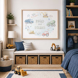 Construction bedroom wall art with watercolour digger, dump truck, cement mixer, crane and tractor around Build Your Dreams