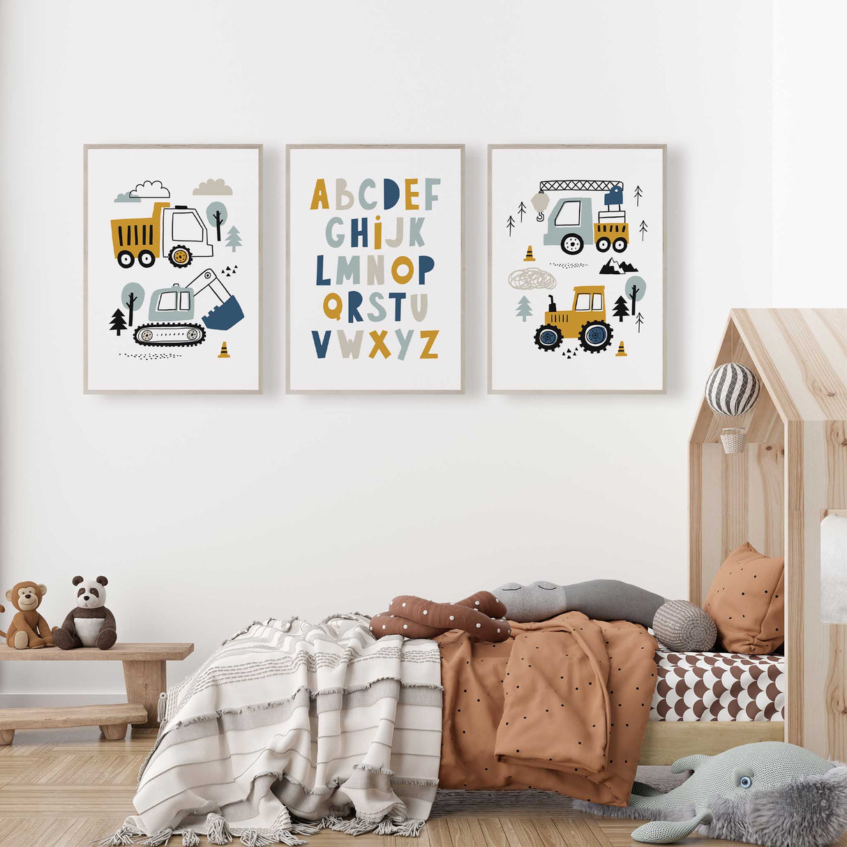 Construction wall art for kids bedroom in neutral colours