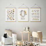 Construction number wall art print featuring numbers one to ten with illustrated trucks and building vehicles