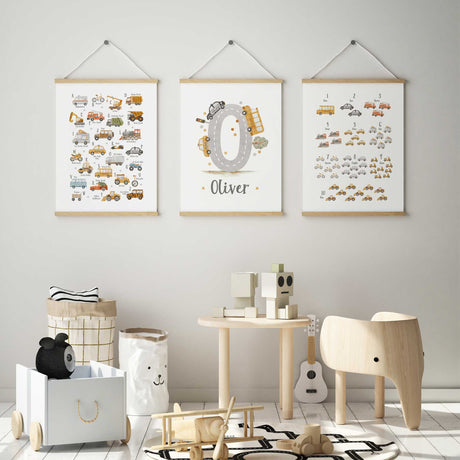 Construction number wall art print featuring numbers one to ten with illustrated trucks and building vehicles